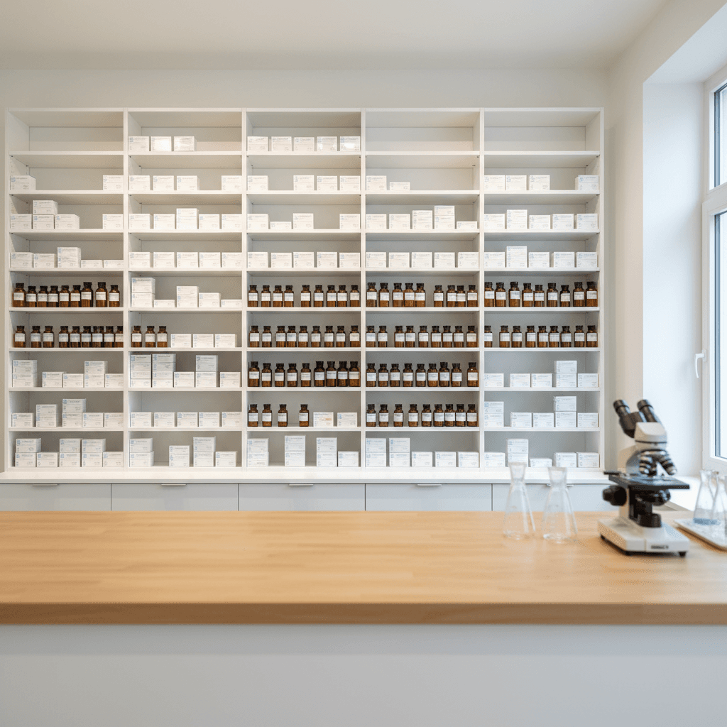 Apothekenraum mit Glasflaschen und Mikroskop